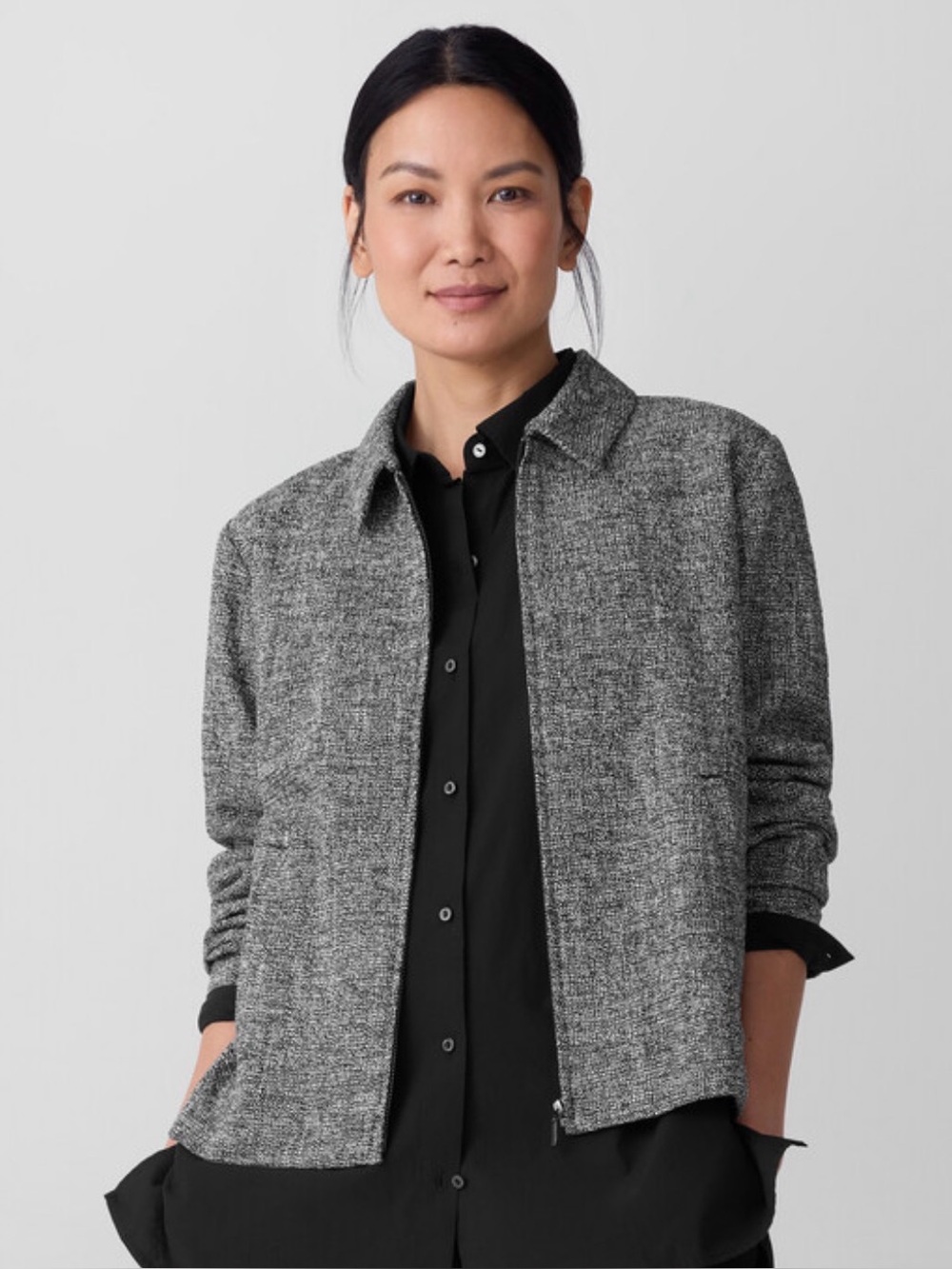 NWT Eileen Fisher Organic Cotton Tweed Stand Collar Jacket Black/White M
